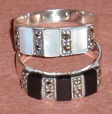 925 Sterling Silver Marcasite Onyx or Mother of Pearl Band Ring - choose size