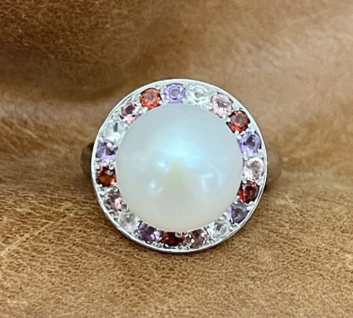 Anillo Halo Gemas Multicolores Perla Blanca Cultivada de Agua Dulce Honora 925 Talla 6 Nuevo sin Etiquetas - Imagen 4 de 15