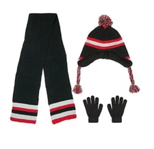 Capelli New York Boys Solid Stripes Knit Earflap Hat, Scarf, Gloves Set Black