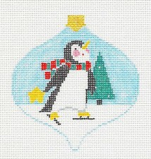 Ice Skating Penguin Bauble Ornament handpaint Needlepoint Canvas Kathy Schenkel