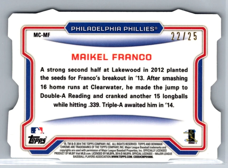 Mini refractores de onda negra troquelados Maikel Franco 2014 Bowman cromo #MC-MF #/25 Foto 2 de 2