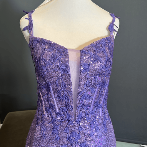 Damen Voll Pailletten Lila Meerjungfrau Passform Abschlussball Party Kleid Bein Schlitz Größe 4 - Bild 2 von 11