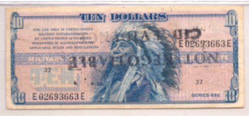 US Military Payment Certificate-MPC Series 692-$10 Note-with CID canceled seal