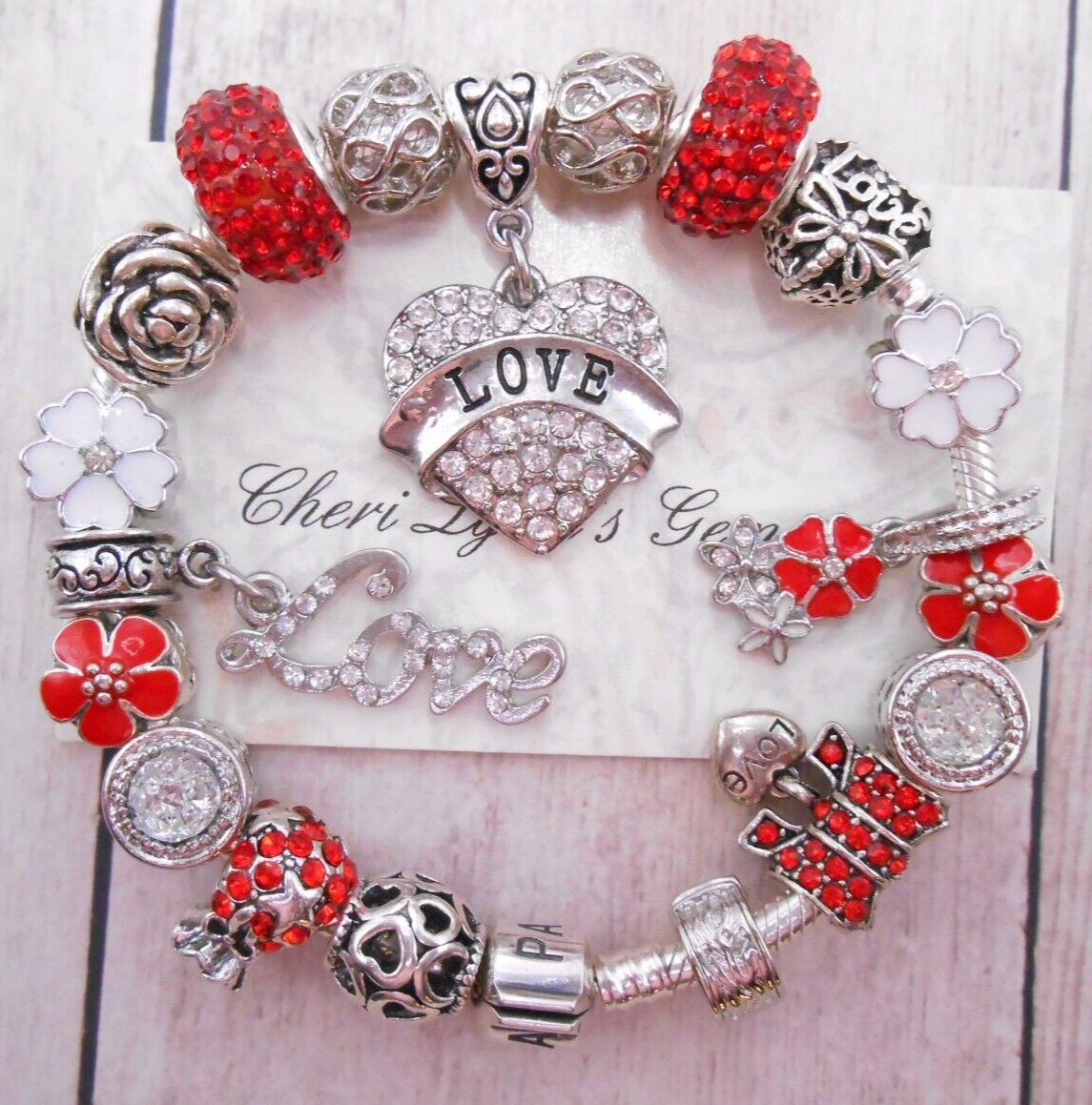 PANDORA SILVER CHARM BRACELET RED CRYSTAL LOVE & HEART CHARMS 