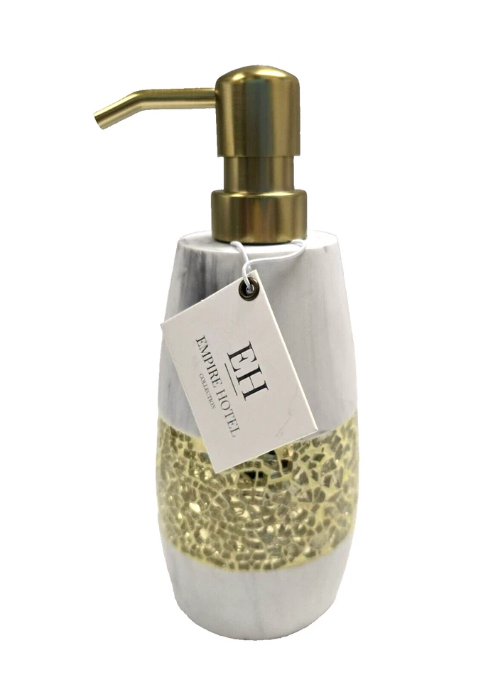EMPIRE HOTEL GRAY,WHITE MARBLE LOOK RESIN,GOLD GLASS MOSAIC, PUMP SOAP DISPENSER - Image 3 of 4