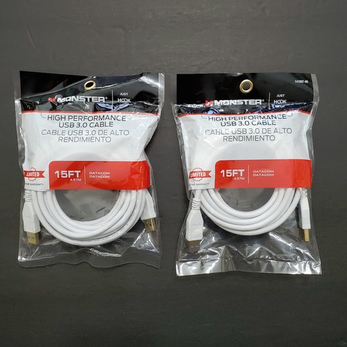 (2) MONSTER white USB 3.0 cables ~ A-Male to A-Male ~ 15 ft / 4.57 m ~ NEW