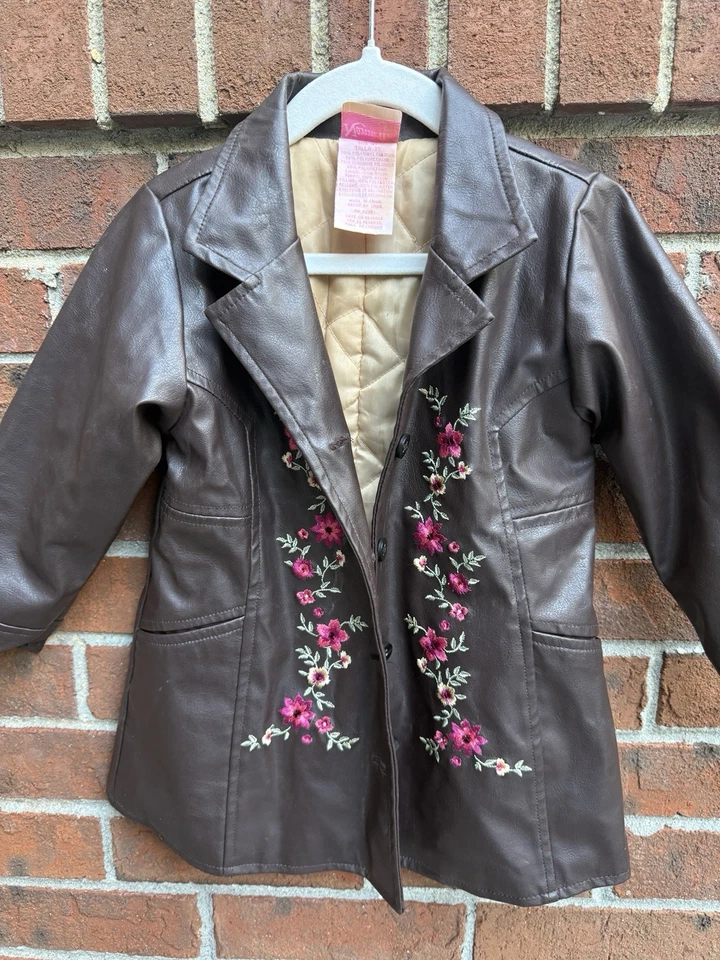 Trench Jackette Vintage Años 90 Niña Marrón Imitación Cuero Bordado 3T Foto 2 de 4