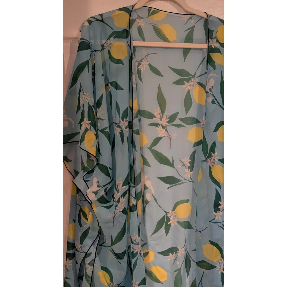 Blue Lemon Print Kimono Lightweight Sheer Open Front Duster - Image 2 of 4