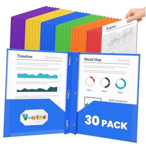 Pack 2 Pocket Plastic Folders with 3 Prongs & Clear Front Pocket, Bulk 30