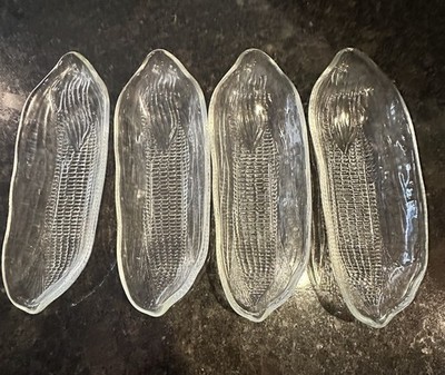 Set Of 4 Vintage clear Pressed glass corn on the cob serving dishes