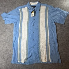 R & R Casual Men’s Button-up Shirt Size L Blue Vertical Stripe Rayon Retro Camp