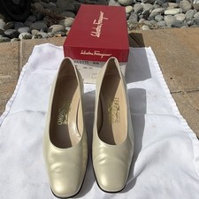 Salvatore Ferragamo Beige Leather Square Toe Block Heel Logo Pumps 7 B
