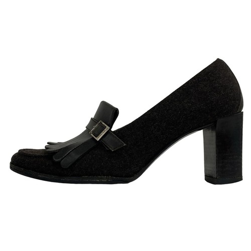 Auth CELINE - Black Wool Leather Women's Shoes