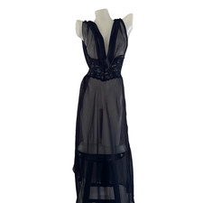 80s vtg SHIRLEY of HOLLYWOOD Black Chiffon Lace Night Dressing GOWN Slip Dress S