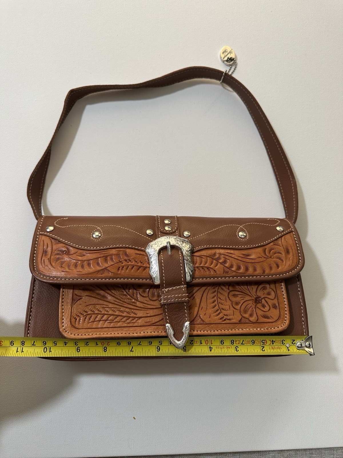 American West Western Tooled Leather Shoulder Bag Brown Silver Buckle image 4