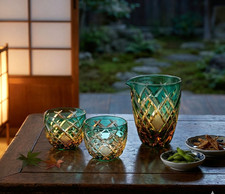 Edo Kiriko Crystal Sake Set  Handmade Japanese Cut Glass by Master Craftsman