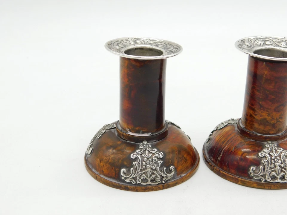 Par de candelabros antiguos victorianos montados en plata de ley con llama de caoba Foto 3 de 4