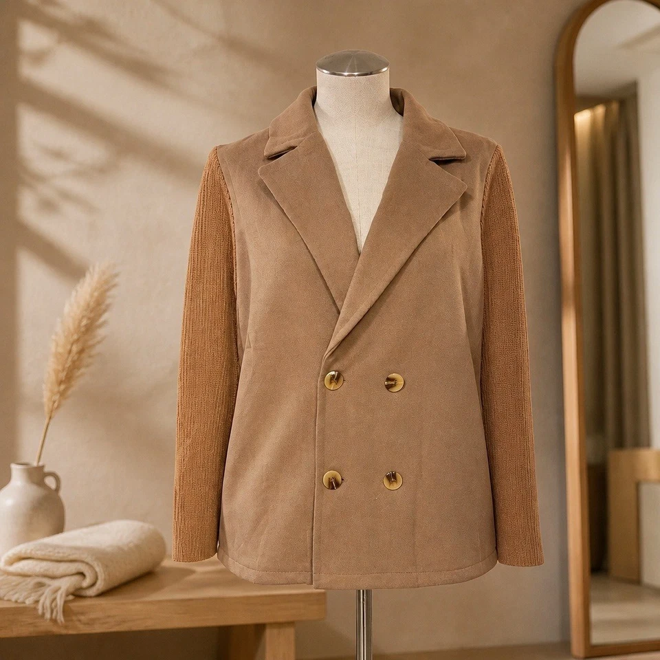 Camel Double Breasted Blazer Mixed Media Knit Sleeves Tan Large - Image 1 of 4