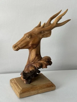 Hand Carved Wood Deer Bust Stag Sculpture Rustic Lodge Cabin Decor 8” - Image 1 of 4