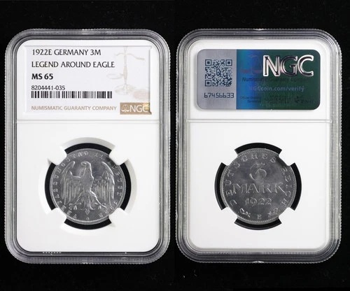 1922E GERMANY 3M LEGEND AROUND EAGLE NGC MS 65
