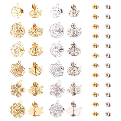 24pcs/12Pairs Stainless Steel Filigree Post Stud Earrings 2 Colors Flat Round...