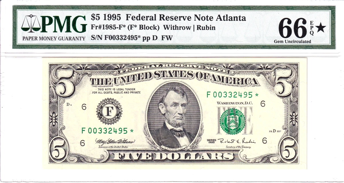 $5 1995 Grade 66 US Federal Reserve Small Notes for sale | eBay