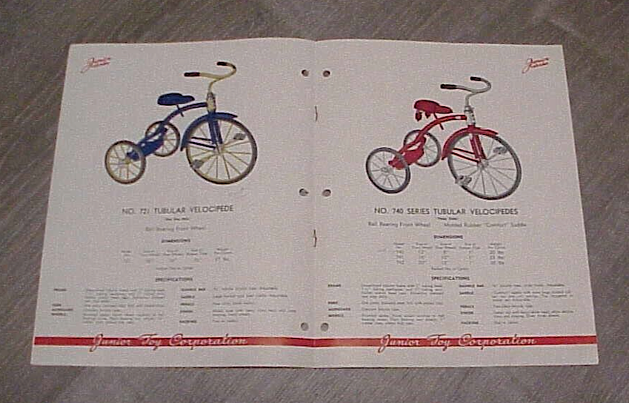 Vintage 1947 Junior Toy Tricycle Catalog, 8 Tricycles in Color, Hammond