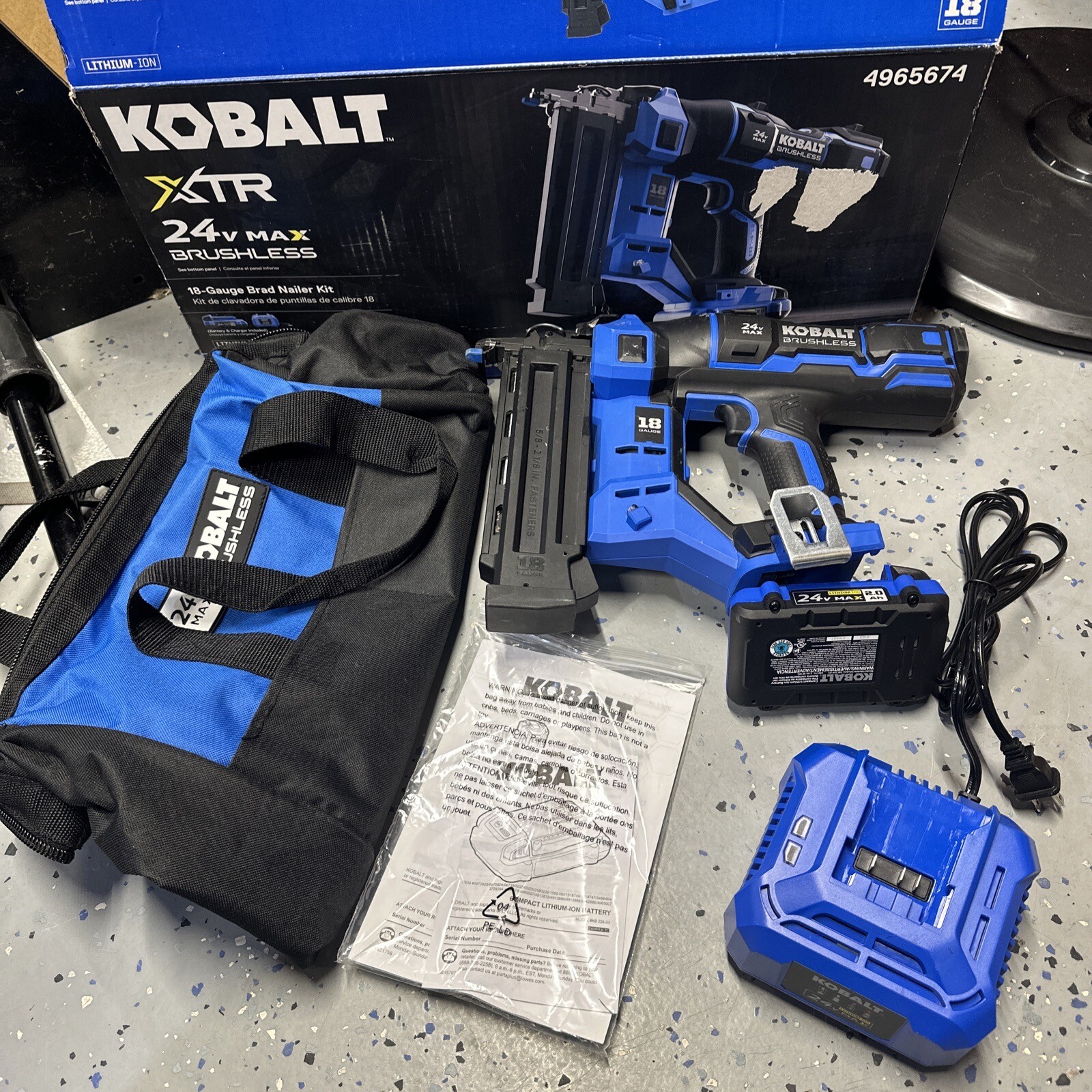 TESTED OPEN BOX Kobalt 24v XTR Cordless 18g Brad Nailer Kit, Battery