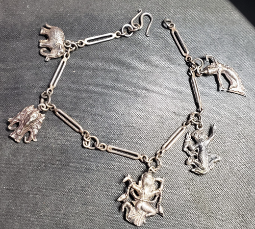 Siam Style Silver Tone Metal Mermaid Elephant Charm Bracelet Vintage Jewelry Gif