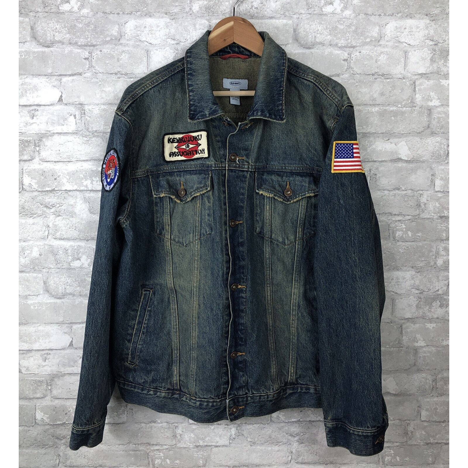 Mid 2000's Custom Patched Mens XL Denim Jacket 100% Cotton Kenkojuku, USA Flag