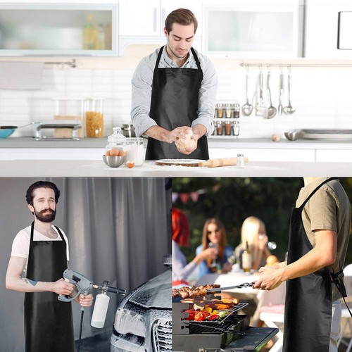 Waterproof Men Women Adjustable Bib Apron Black PVC Kitchen Chef Cooking Apron - Picture 3 of 7
