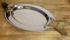 Grand Plat À Poisson Inox Laiton 56x28 Cm Décor Poisson Vintage 