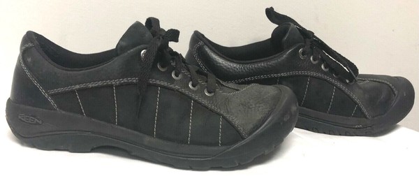 KEEN PRESIDIO WOMENS BLACK LEATHER CONTRAST STITCHING LACE UP HIKING SHOES SZ 