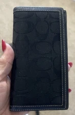 COACH BLACK JACQUARD LOGO & LEATHER CHECKBOOK COVER WITH PEN HOLDER