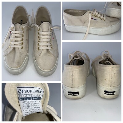 Superga Platform Sneakers Women s Sz 8.5 Cream Canvas Lace Up YGI K4S-7