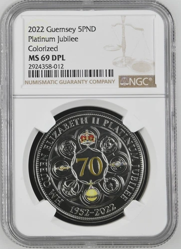 Top Pop 2022 Guernsey £5 QEII Platinum Jubilee Colorized NGC MS 69 DPL