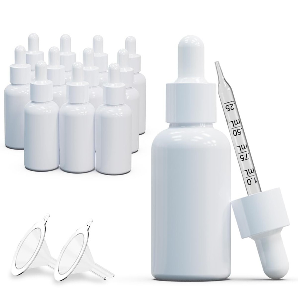 12-Pack 1oz White Coated Glass Dropper Bottles Empty w Fun Drip Tip