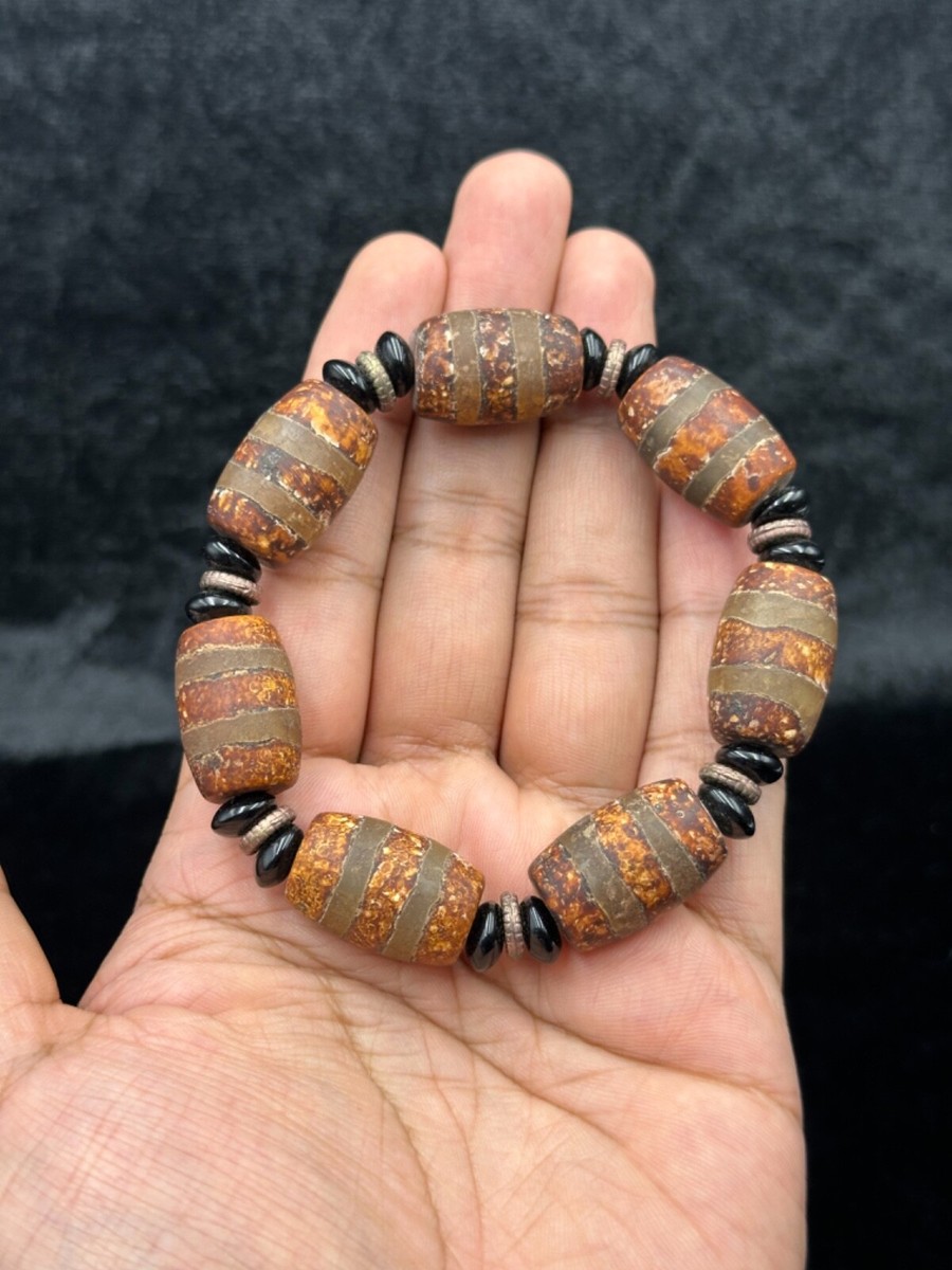 Tibetan Ancient Dzi Bead With Two Stripes Stretchable Cord Unique