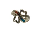 Vintage Zuni Inlay Turquoise & Coral 925 Sterling Silver Double Heart Ring Sz 5
