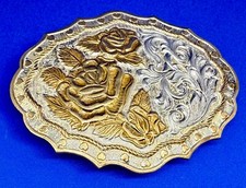 Rose Flower Swirl Ornate Engraved Two Tone Western Cowgirls Crumrine Belt Buckle