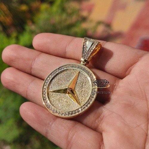 1.25 ctw Simulated Diamond 14K Yellow Gold Over Mercedes Medallion Pendant 1.9" - Picture 4 of 8