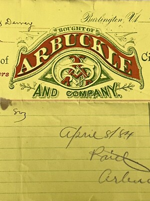 Burlington, VT 1883 Arbuckle & Co Tobacco Cigars Candy Billhead Invoice