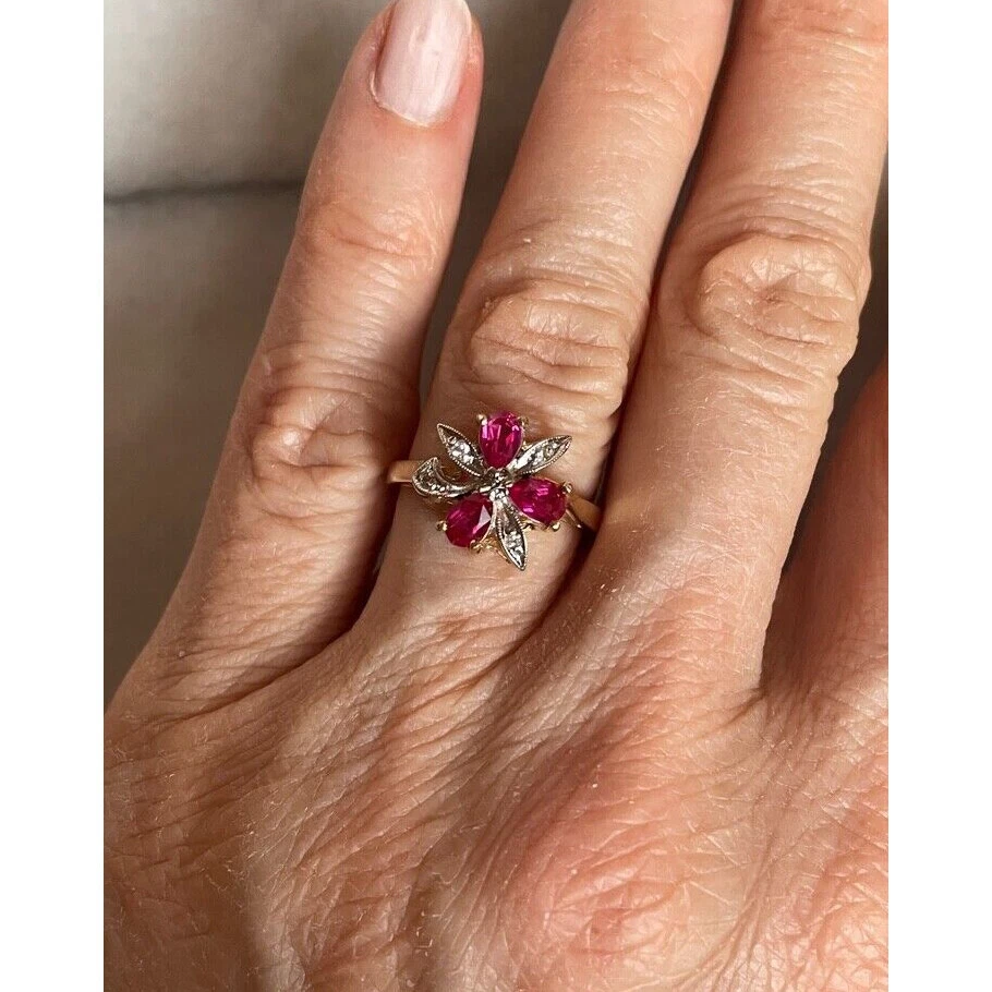 LINDO ANILLO ORO AMARILLO TOPACIO ROSA Y DIAMANTE FLOR TALLA 5.25 CIELO Foto 3 de 4