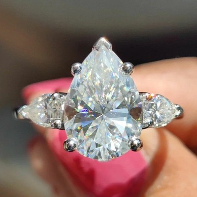 3.25 TCW Pear Cut Moissanite Three Stone Engagement Ring 14K White Gold Plated