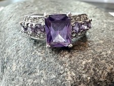 Emerald Cut Purple Amethyst Stone with Crystal Accents Sterling Silver Ring 6.5