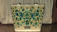 Enid Collins Vintage 1960s Jeweled Purse Canvas, Wood, Leather