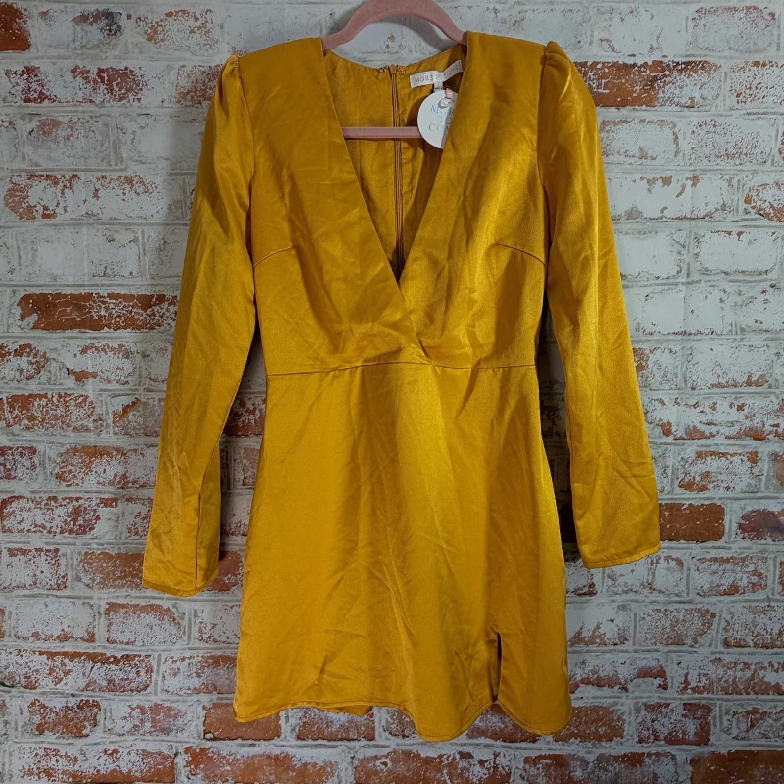 More To Come Mini Dress Women S Yellow NWT Long Sleeve V-Neck Satin Slit