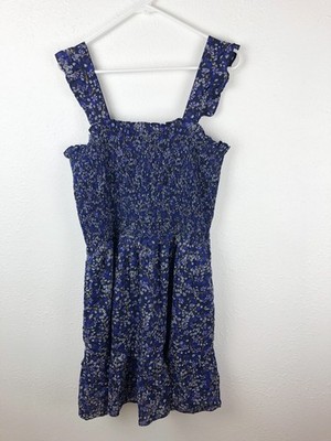 Draper James Dress SZXL Navy Blue Floral Smocking Ruffle Strap Sleeves Fun  A12