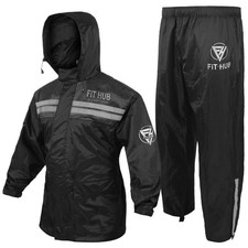 RAIN SUIT BLACK MOTORBIKE MOTORCYCLE REFLECTIVE OVER JACKET TROUSER WATERPROOF