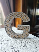 Decorative Wooden Letter 'G' - Geometric Engraved Design - Grey/Sandalwood Color